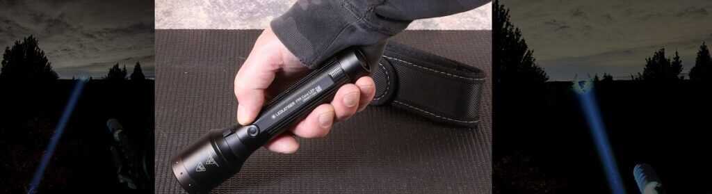 Ledlenser P9R Core LEP flashlight projecting a tight laser excited phosphor beam into distant trees