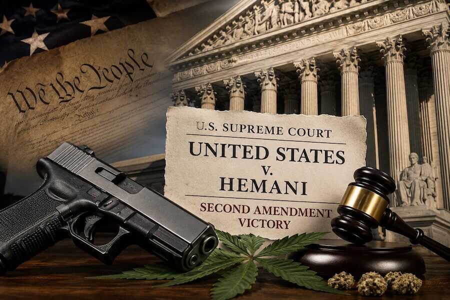 Composite image showing the U.S. Supreme Court, a handgun, a judge's gavel, and marijuana leaves representing the Supreme Court's ruling in United States v. Hemani.