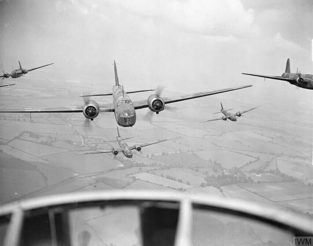 RAF bomber formation illustrating the deadly conditions faced by World War 2 bomber crews