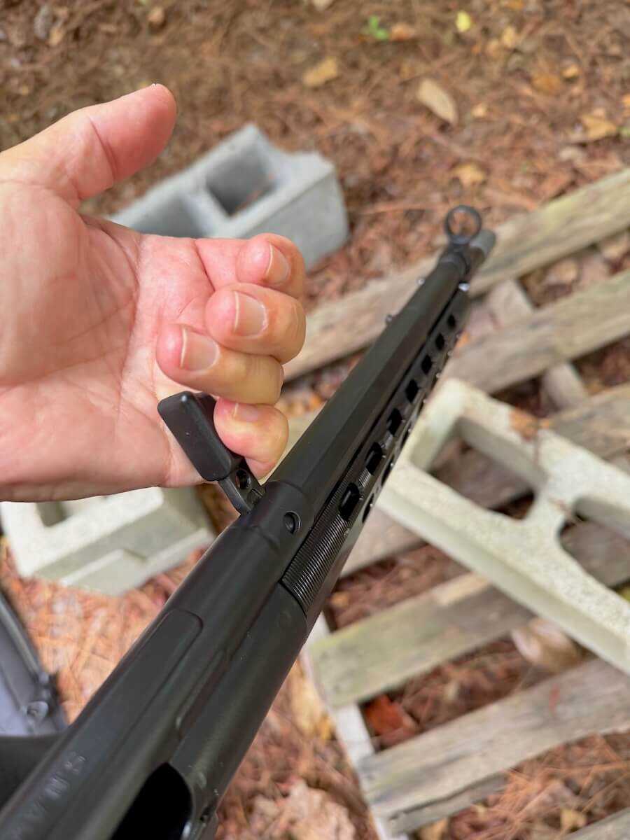 PTR G3 clone non-reciprocating charging handle on left side of rifle