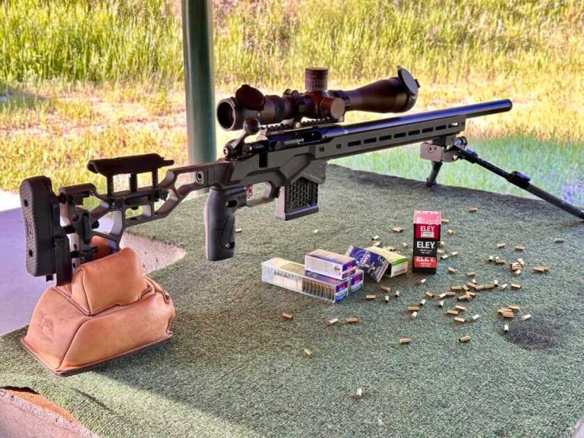 Savage 110 RF Elite Precision .22 LR accuracy testing from a bench with bipod and rear bag