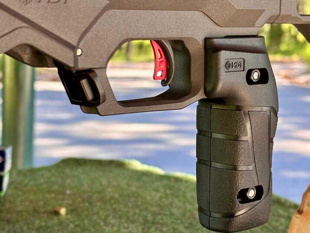 Savage 110 RF Elite Precision MDT chassis magazine release, vertical grip, and Competition AccuTrigger
