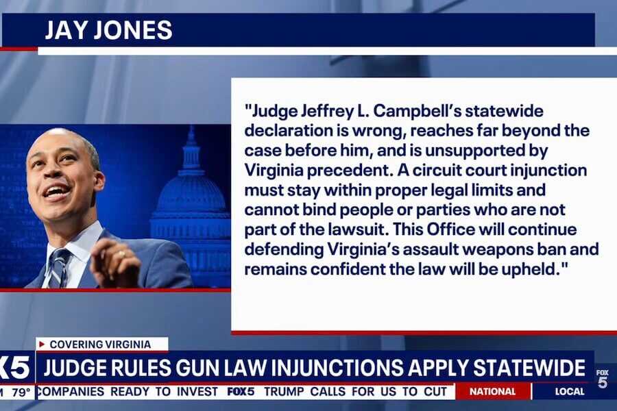 Virginia Attorney General Jay Jones responds to a judge's ruling that the injunction blocking the state's AR-15 ban applies statewide.
