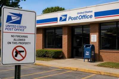 United States Post Office with a posted "No Firearms Allowed" sign outside the entrance, illustrating the federal firearm carry restrictions at USPS facilities.