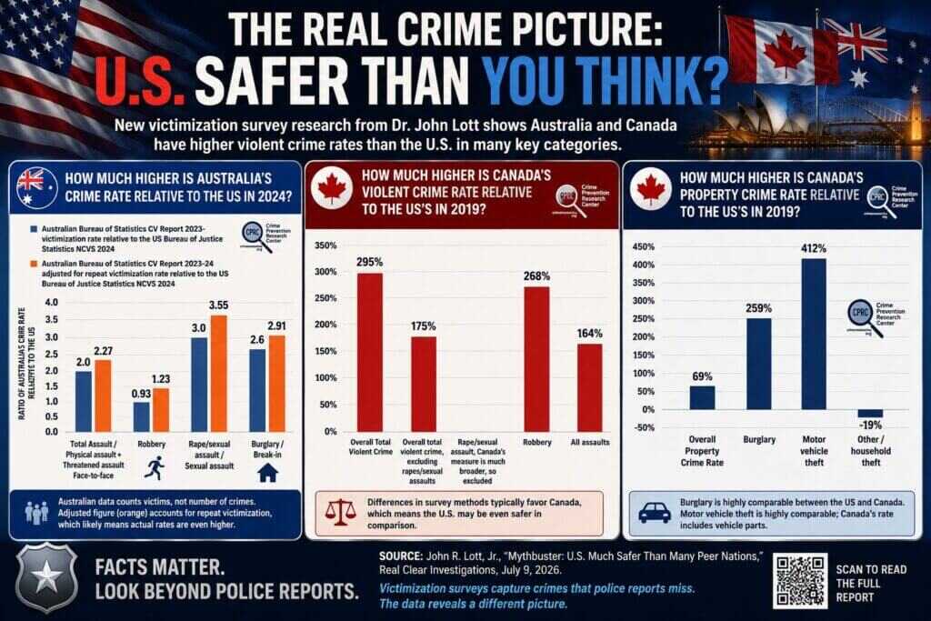 Infographic comparing violent and property crime victimization rates in the United States, Canada, and Australia based on victimization survey data highlighted by Dr. John Lott.