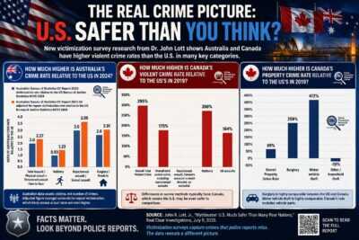 Infographic comparing violent and property crime victimization rates in the United States, Canada, and Australia based on victimization survey data highlighted by Dr. John Lott.