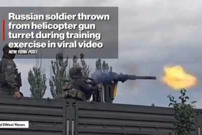 A Russian soldier fires a mounted YakB-12.7 helicopter machine gun during a training exercise moments before losing control of the weapon.