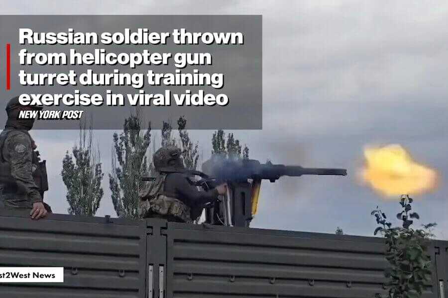 A Russian soldier fires a mounted YakB-12.7 helicopter machine gun during a training exercise moments before losing control of the weapon.