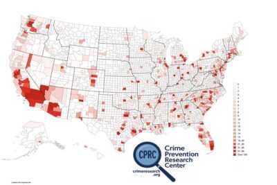 Map of U.S. counties showing the concentration of murders in 2024 based on FBI homicide data analyzed by the Crime Prevention Research Center.