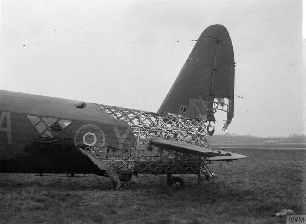 Battle-damaged Vickers Wellington illustrating how badly the bomber's fabric structure could burn