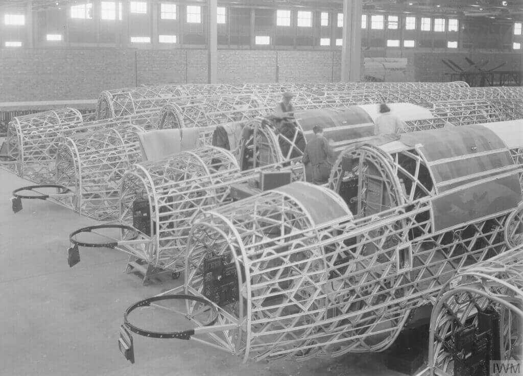 Vickers Wellington bombers under construction showing their lightweight geodetic airframe