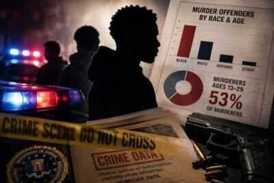 A symbolic crime scene image featuring police lights, evidence files and demographic charts representing FBI homicide data analyzed in a Crime Prevention Research Center report.