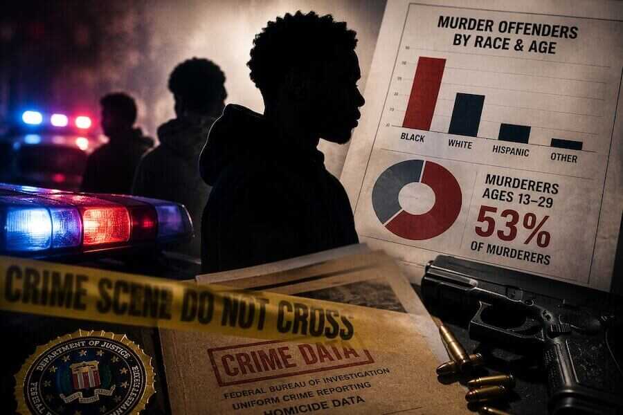 A symbolic crime scene image featuring police lights, evidence files and demographic charts representing FBI homicide data analyzed in a Crime Prevention Research Center report.