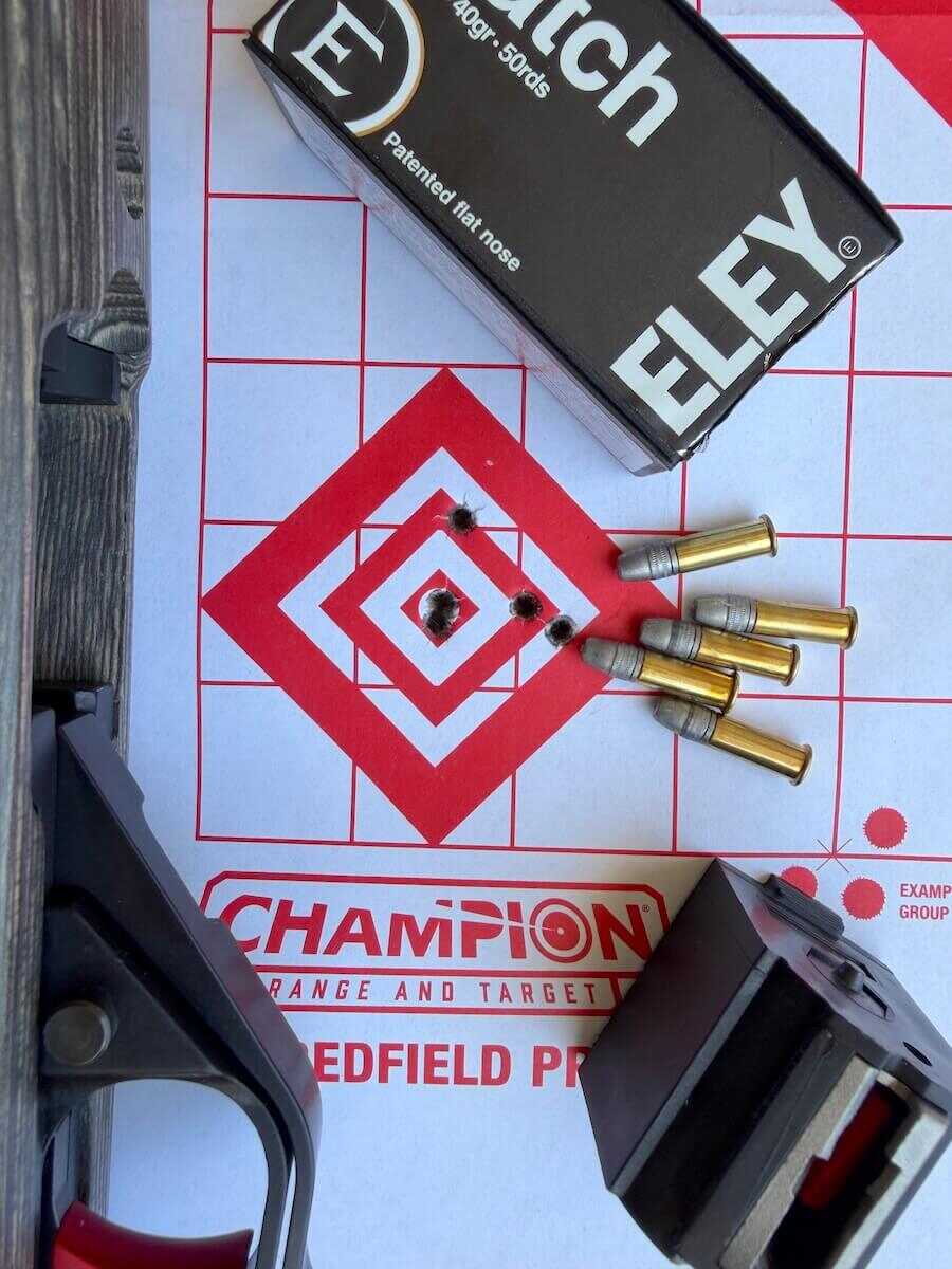 Custom Ruger 10/22 accuracy group fired at 50 yards with Eley Match ammunition