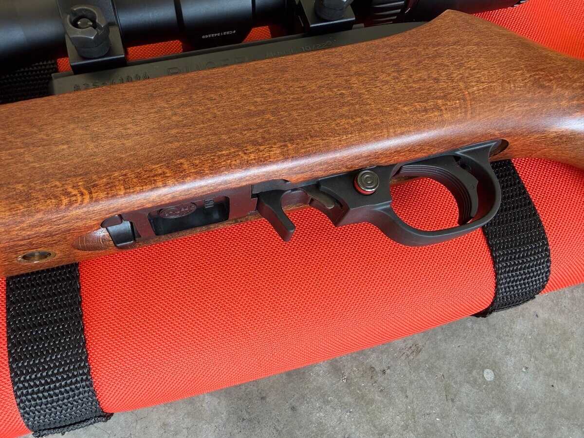 Ruger 10/22 cross-bolt safety, bolt release, and magazine release controls