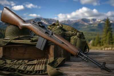 A military-style M14 rifle rests on a wooden crate alongside vintage field gear and ammunition against a rugged mountain backdrop.