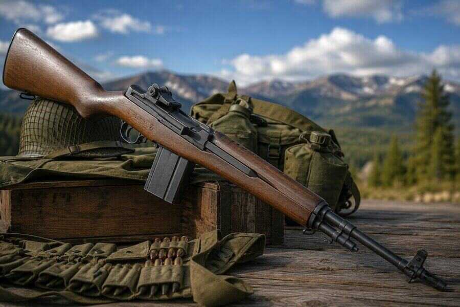 A military-style M14 rifle rests on a wooden crate alongside vintage field gear and ammunition against a rugged mountain backdrop.