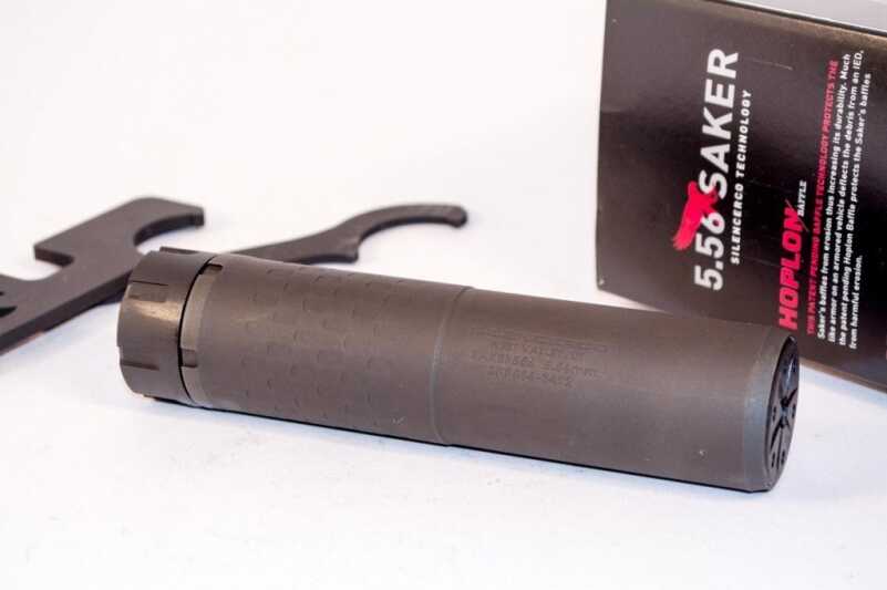 The SilencerCo Saker 556 with included wrenches for assembly / disassembly.