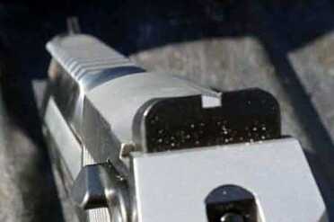 New All Stainless Desert Eagle--Gun Review Close up detail on the sights.
