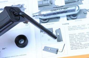 The air cartridge also fits in the magazine, and the gun comes with this Allen wrench to change cylinders. 