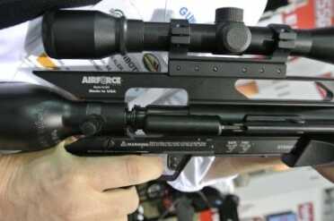 .45 Cal/800fps Air Gun Protects Your Nuts - AirForce Rifles - SHOT Show 2015 The action. I think it is still called an action. The air tank is on the back.