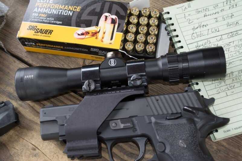 Ammo Test: Sig Sauer’s .45 ACP and 9mm FMJ I used this UM Tactical scope mount with the Bushnell Elite 2-7x handgun scope for 25-yard accuracy testing.