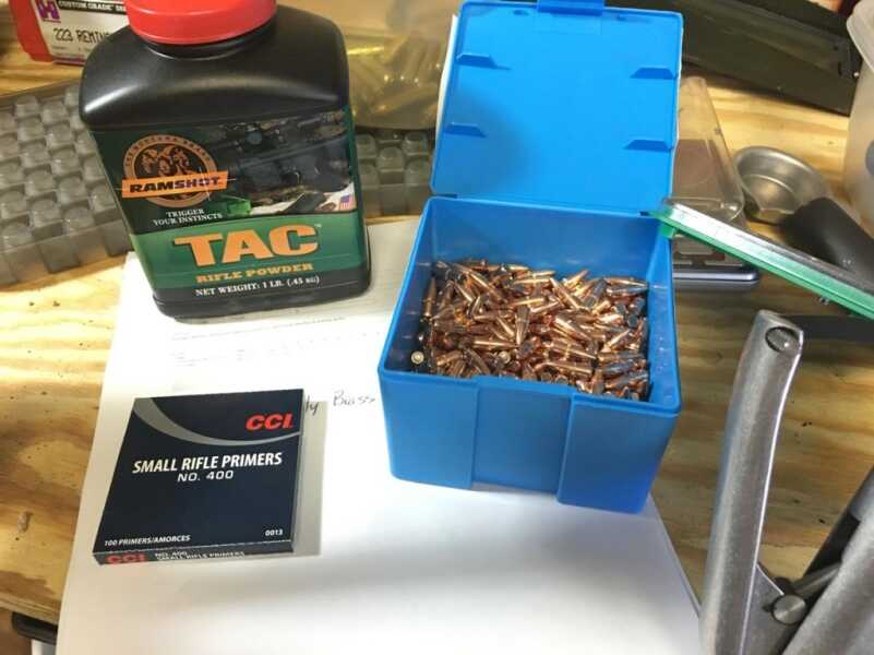 I deliberately made "regular" ammo using Ramshot TAC powder, CCI 400 primers and 55-grain full metal jacket bullets.
