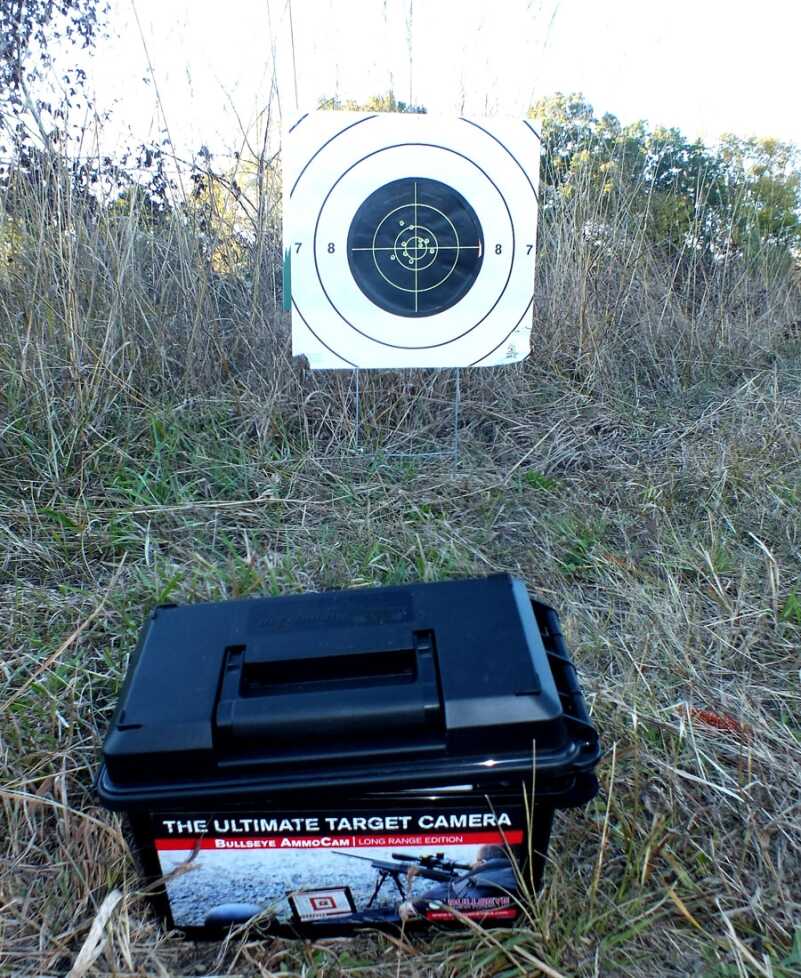 The AmmoCam is set at a reasonable distance from the target and is aligned with a supplied tripod support that fits into the weatherproof case.