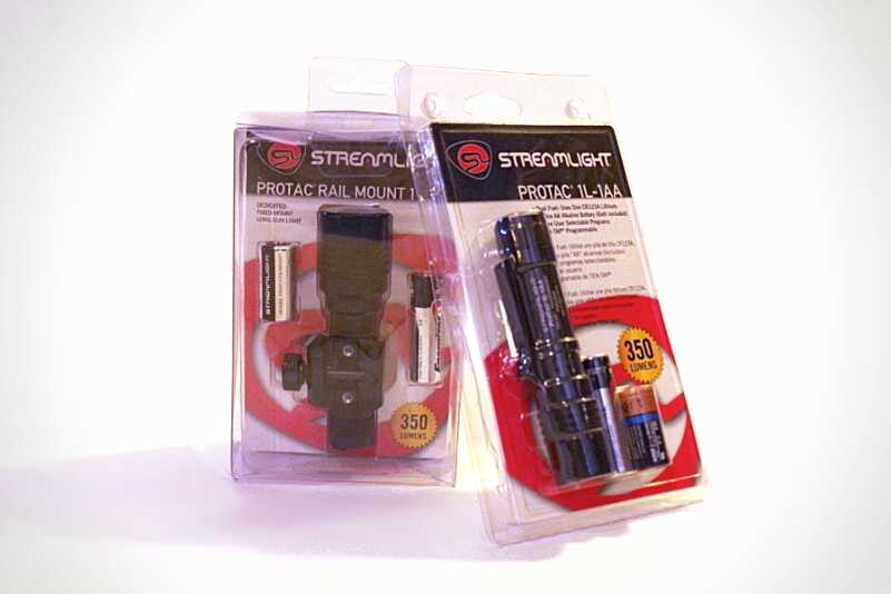 The dual-fuel ProTac series of lights from Streamlight can run off of either R123A or common AA batteries. The handheld 1L-1AA (right) and rail-ready Rail Mount 1 (left) models are shown.