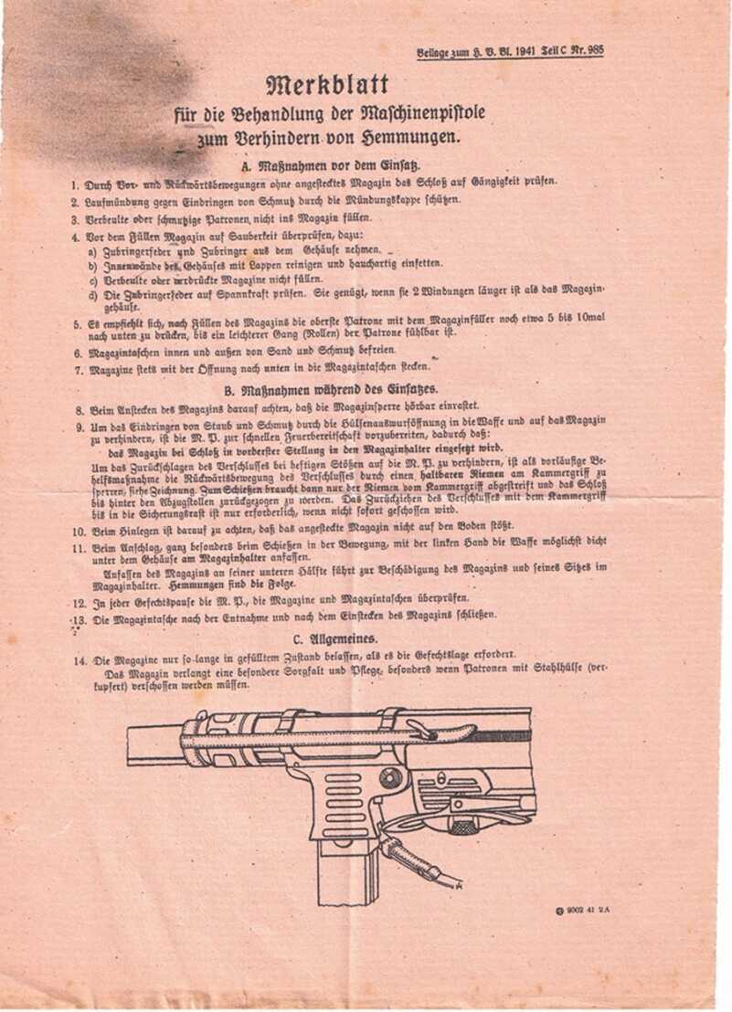 The Legacy of the MP40--Full Auto Review instruction sheet showing how to keep gun running and use of safety strap.