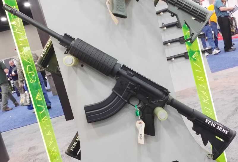 The dead giveaway to the unique nature of the new Stag Arms carbine is the sharply curved magazine, which is necessary to accommodate the shape of the 7.62x39mm cartridge. 