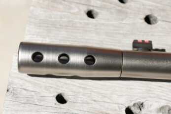 Taylor's & Co. .45-70 Ridge Runner Takedown Lever Gun The threaded muzzle of the Ridge Runner is topped off with an effective muzzle brake. Note the fiber-optic front sight.