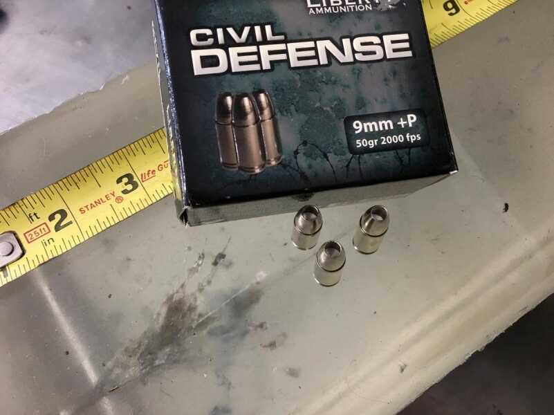 Ammo Test: Liberty Ammunition Civil Defense 9mm and .45 ACP Fragmentation started about two inches into the gelatin block and pieces penetrated to about 3.5 inches depth.