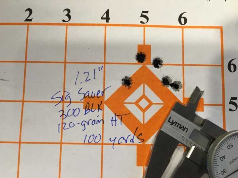 Ammo Test: Sig Sauer HT: .308 Winchester, 300 Blackout, and .223 Remington I had little trouble getting 100-yard, five-shot groups like this with the 300 Blackout HT load.
