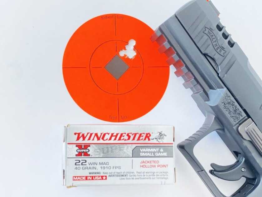 Walther WMP accuracy target showing a .40-inch five-shot group at 12 yards with Winchester .22 WMR ammunition