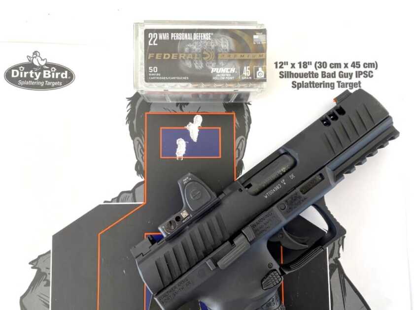 Walther WMP beside a seven-yard target shot offhand with Federal Punch .22 WMR self-defense ammunition