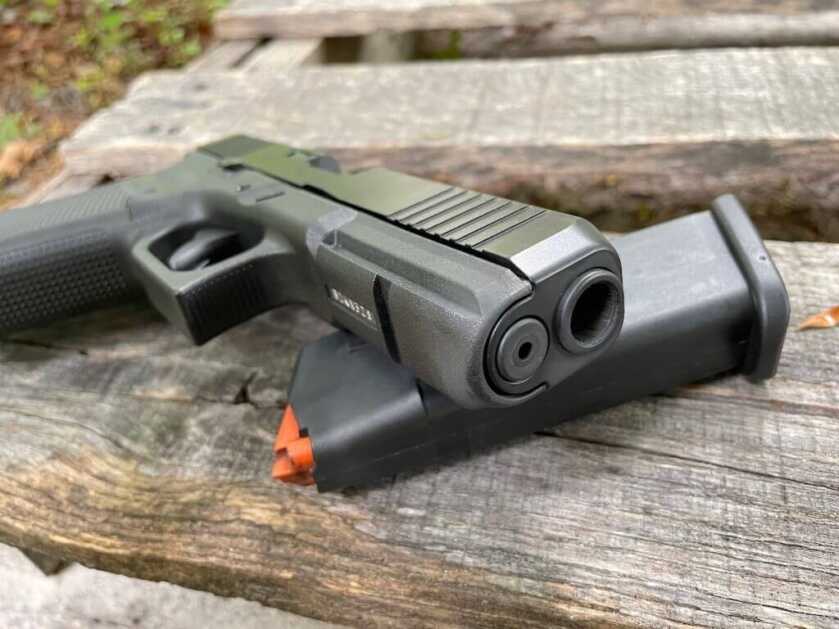 Glock’s Next Generation Big Bore: G21 Gen5 MOS Tapered muzzle and front slide serrations on a Glock G21 Gen5.