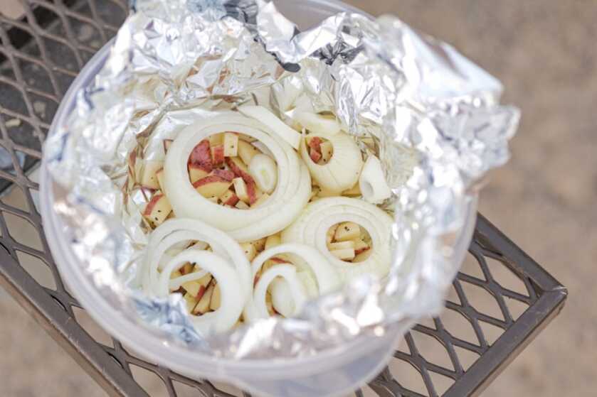 Simple Gourmet: Hobo Dinner with Mountain Lobster Vegetables all set up in tin foil ready to be made into hobo dinner