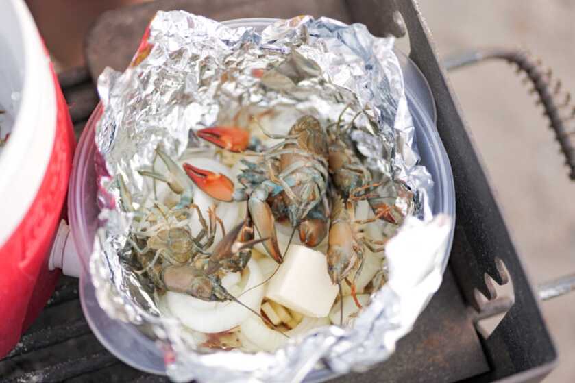 Simple Gourmet: Hobo Dinner with Mountain Lobster Live crawdads on prepped vegetables for some mountain hobo dinners