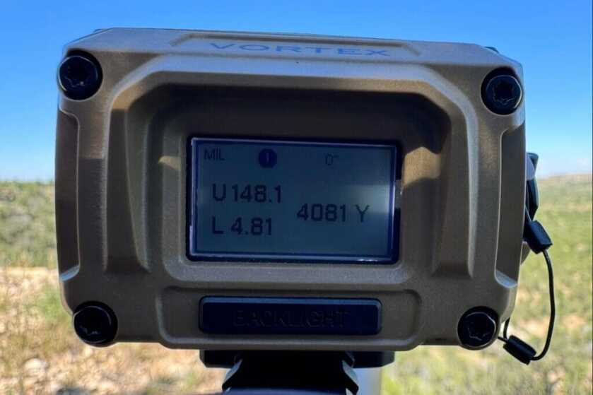 3 - Meet the Vortex Impact 4000: A Weapon-Mounted Laser Range Finder Ranging a rock out at 4081 yards. Elevation hold for my set 308 round would be 148.1 mills....