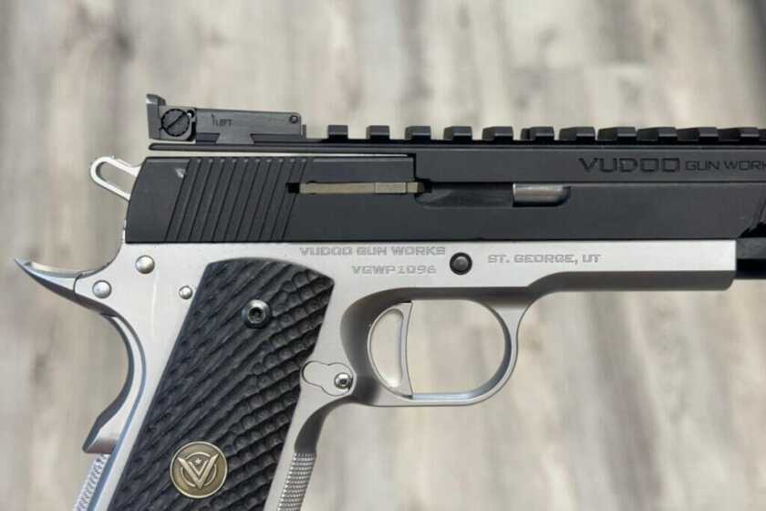 Vudoo Gun Works Target 22LR 1911: Full Review Very thin section of the top Picatinny rail towards the rear, the stiffer section is in line and forward of the trigger