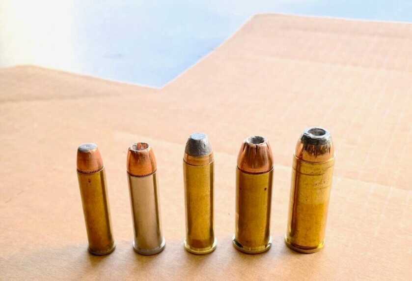327 Federal Magnum, 38 Special, 357 Magnum, 44 Special, and 45 Long Colt compared.