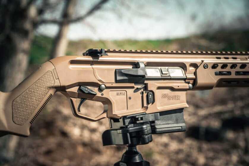 SIG Ranch Rifle - close-up of the safety, which is reminiscent of the safety of a 1911. 