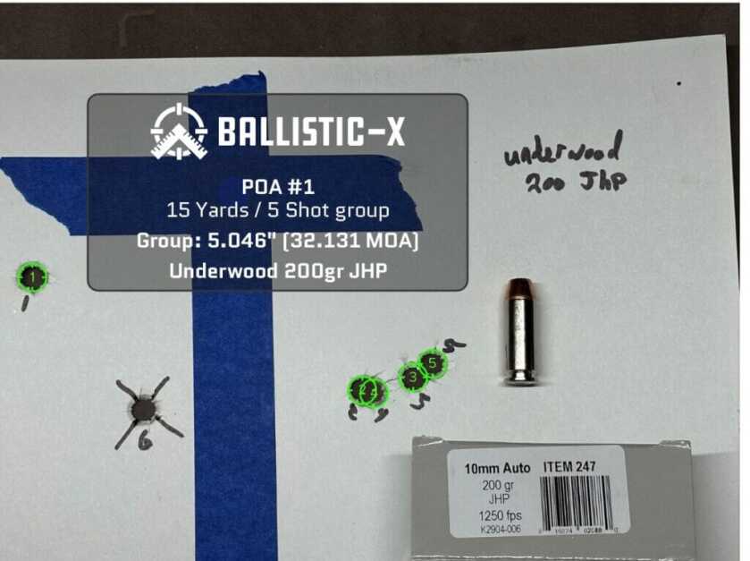 Five bullet holes are grouped on a target