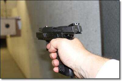 Even one handed the low bore axis of the P-07 Duty makes muzzle flip manageable for a polymer framed gun.