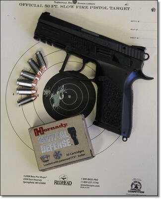 Hornady Critical Defense groups were generally like this one at 10 yards, a ragged hole measuring about one inch across. The actual physical capabilities of a pistol are hard to measure without a machine rest, but in casual shooting the P-07 Duty came out as good as any pistol I have ever shot.
