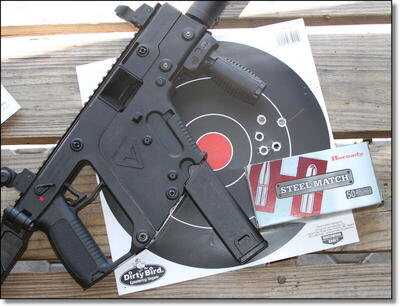 I was able to easily keep the KRISS within a two inch circle at 25 yards. The manufacturer recommends 230 grain roundball, but I think that is just because they are Swiss and the Geneva convention stipulates no hollowpoints. These Hornady Steel Match hollowpoint rounds shot really well in the gun. 