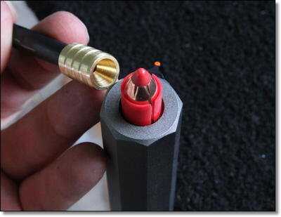 You don't need a ball starter with these modern plastic sabotted bullets. I found this Barnes tool that screws on the end of your ram rod to perfectly align the bullet in the bottom of the chamber for optimal accuracy