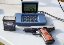 Federal Guard Dog ammo is lighter because it has a plastic core that squishes on impact. The .40S&W bullet is 135 grains, and we measured it also under the box velocity of 1200 fps.