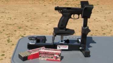 Our portable shooting bench and rest used for accuracy testing at 10 and 25 yards.